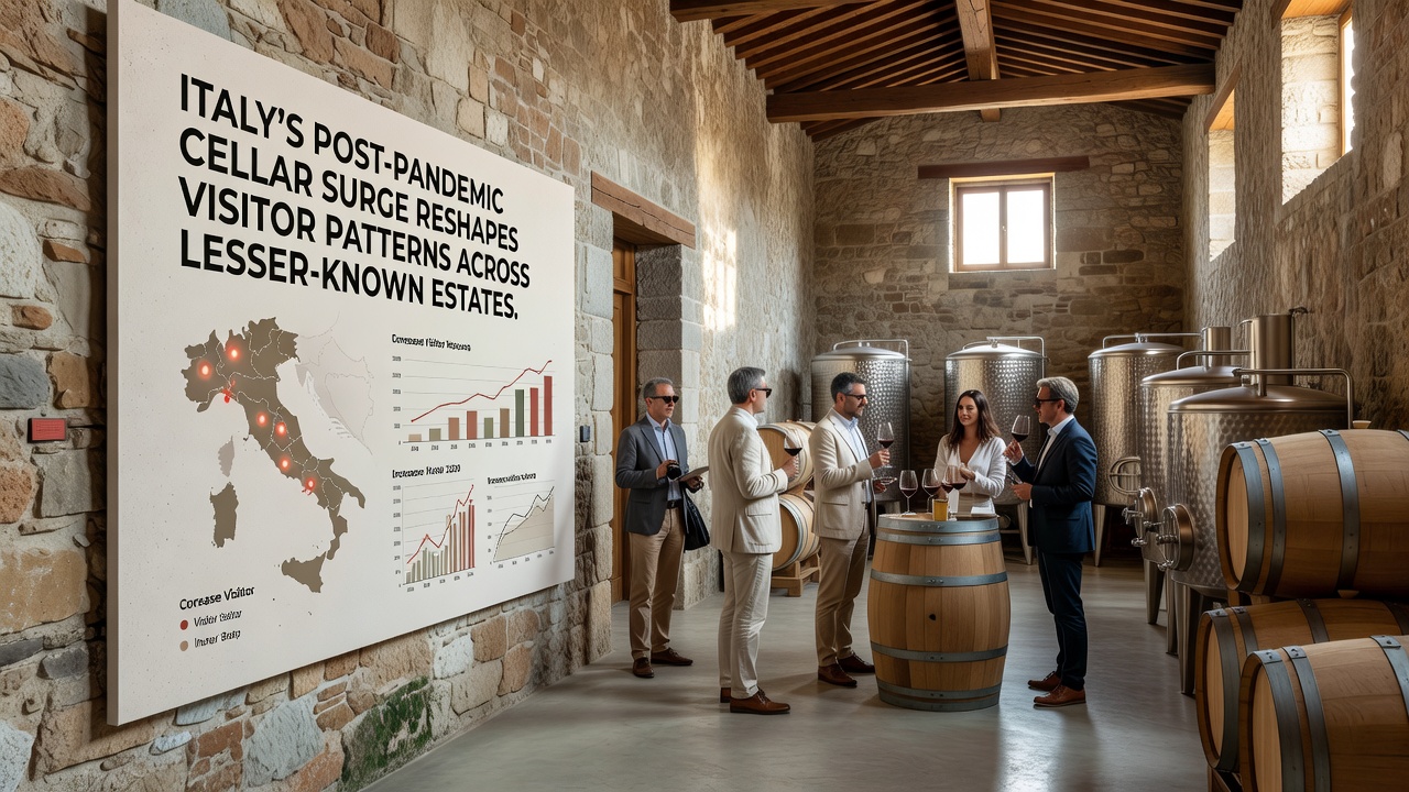 Group of international tourists sampling wines in the barrel room of a family-run estate in Abruzzo
