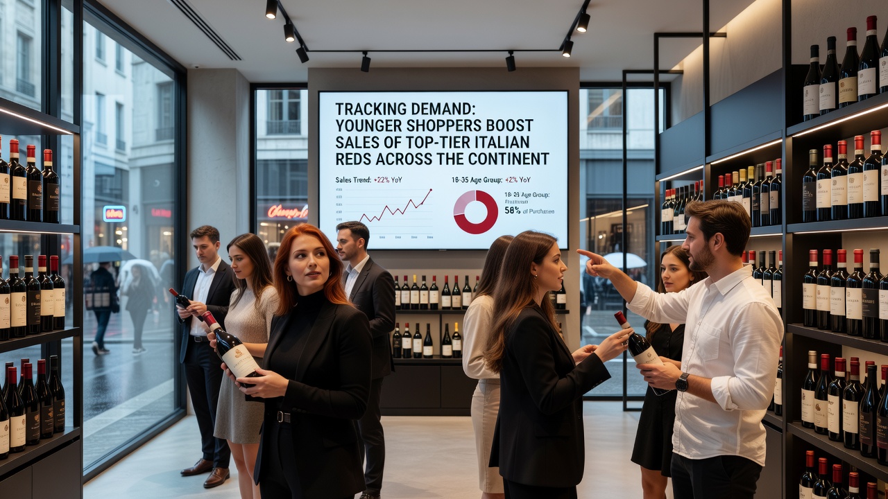 European wine shop interior with younger customers selecting top-tier Italian red wines